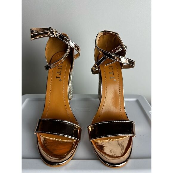 strappy Womens Solid Color Rhinestone Chunky High Heel Buckle Peep Toe Sandals - Picture 7 of 9